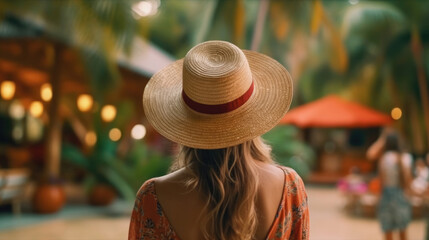 Back view of woman wearing hat at poolside on a tropical resort
