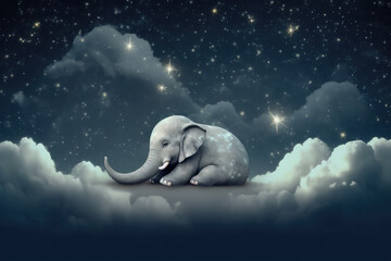 Cute little baby elephant against a starry night sky and fluffy white clouds. Creative fairy fantasy children's wallpaper, good night babies concept art.