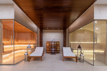 Exclusive design of the basement of a luxury mansion with a sauna and a hammam behind glass...