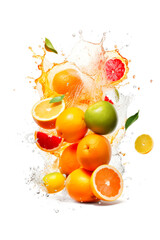 Fresh citrus fruits flying in water splash Isolated on white background. Copy Space. Generative AI