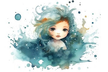 Mermaid character cartoon watercolor, cute girl, clipart illustration, isolated on white paper