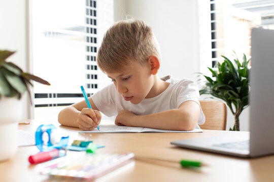 A cute boy is studying at an online school. The boy is sitting in front of a laptop and making notes in a notebook