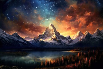 A captivating image of a starry night sky over a mountain range, AI Generation