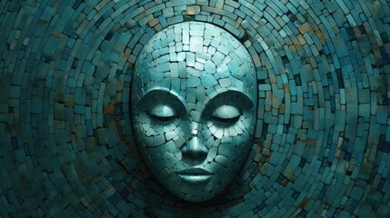 Troubled mind at rest, head filled with spinning thoughts of anxiety and unease - captivating mosaic tiled turquoise stone chip sculpture of female face art - generative AI
