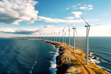 Offshore windmill park with clouds and a blue sky, windmill park in the ocean aerial view with wind turbine. Concept of the green energy, ecology, sustainable and renewable resources. Banner