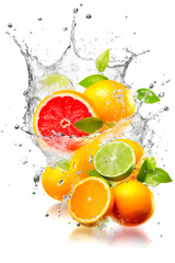 Fototapeta na wymiar Fresh citrus fruits flying in water splash Isolated on white background. Copy Space. Generative AI