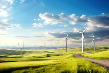 Nature landscape with Wind turbines farm on grassy field against blue sky. The concept of ecology, sustainable resources and renewable energy. Banner. Copy space