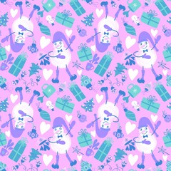 Cartoon Christmas snowman seamless gift box and tea and illumination bulbs and mittens and balls pattern