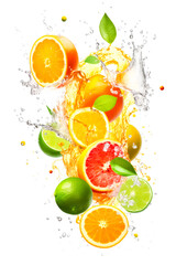 Fresh citrus fruits flying in water splash Isolated on white background. Copy Space. Generative AI