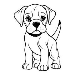 Boerboe bulldog black and white hand drawn cartoon portrait vector illustration. Funny Boerboel puppy standing and looking forward. Dogs, pets themed design element, icon, logo, coloring book page