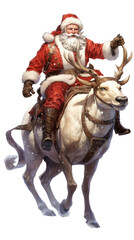 Santa Claus, riding one of his Reindeer carrying gifts and packages in his red and white outfit in a Christmas-themed, photorealistic illustration in a PNG format, cutout, and isolated. Generative AI