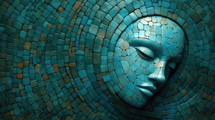 Troubled mind at rest, head filled with spinning thoughts of anxiety and unease - captivating mosaic tiled turquoise stone chip sculpture of female face art - generative AI