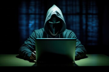 Anonymous Masked Hacker by Laptop in a Dark Room 