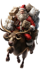 Santa Claus, riding one of his Reindeer carrying gifts and packages in his red and white outfit in a Christmas-themed, photorealistic illustration in a PNG format, cutout, and isolated. Generative AI