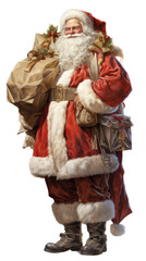  Santa Claus, Old Saint Nicholas, full body holding gifts and packages in his red and white outfit in a Christmas-themed, photorealistic illustration in a PNG format, cutout, and isolated. Generative 