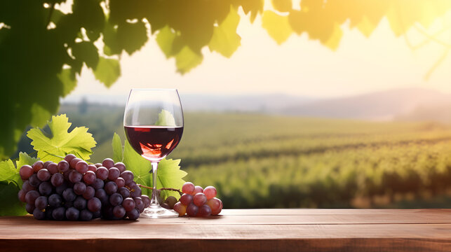 A glass of young red wine stands on an empty wooden table with copy space against the backdrop of a vineyard with the rays of the setting sun. The concept of wine production and tasting.