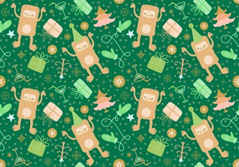 Cartoon yeti seamless Christmas pattern for wrapping paper and new year accessories and fabrics and kids