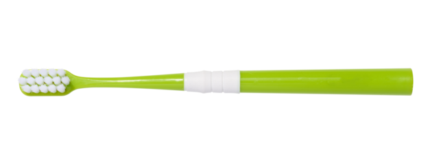 Green plastic toothbrush isolated on white background, top view