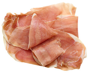 Sliced pieces of Jamon on a white isolated background, top view