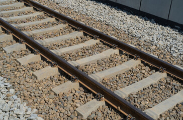 Railway Lines Closeup, Train Tracks with Track Ballast Stones, Metal Rails, Old Railway Track