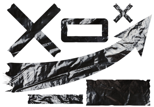 Various shapes made of polyethylene, an arrow, a cross, a frame, a strip on a white isolated background. Duct tape