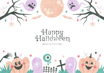 ハロウィンの背景フレーム かぼちゃとおばけと墓地の水彩イラスト