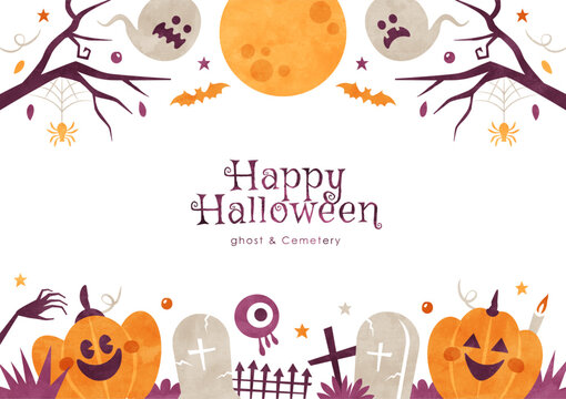 ハロウィンの背景フレーム かぼちゃとおばけと墓地の水彩イラスト