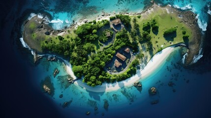 Fototapeta na wymiar a Tropical island aerial shot, escapism in a horizontal format in a Travel-themed, photorealistic illustration in JPG. Generative ai