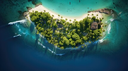 a Tropical island aerial shot, escapism in a horizontal format in a Travel-themed, photorealistic illustration in JPG. Generative ai