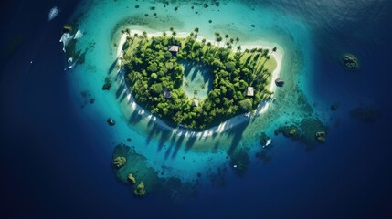 a Tropical island aerial shot, escapism in a horizontal format in a Travel-themed, photorealistic illustration in JPG. Generative ai