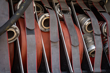 Fire engine equipment from the inside - fire hose hoses ready for use