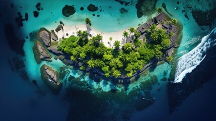 an Aerial top view of a Beautiful Island, in an Azure sea surrounded by emerald waters and lush tropical foliage, a birds-eye view in a  Paradise-themed image as a JPG horizontal format. Generative AI