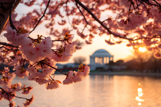 Pink flowers and chery blossom over the river. High quality photo