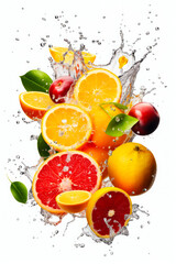 Fresh fruits flying in water splash Isolated on white background. Copy Space. Generative AI