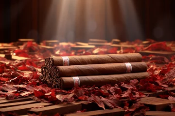Papier Peint photo autocollant Havana Cigar, cylindrical tobacco leaf twist, smoked, Cuban, tobacco smoking process, Smoking a twist, cigarettes in pure form, rolled tobacco, elegantly luxurious gentlemanly style.