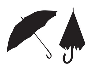 Two umbrellas' silhouettes in black color on white background for webs, apps, icons, cards