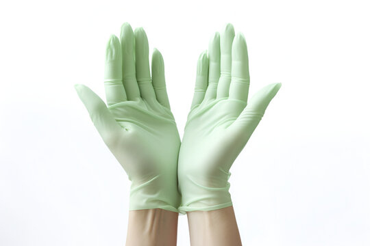 Medical Gloves. Two Green Gloves Isolated On White Background With Hands. Rubber Glove Manufacturing, Human Hand Is Wearing A Latex Glove. Putting On Protective Gloves