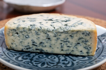 Cheese collection, piece of French blue cheese auvergne or fourme d'ambert close up