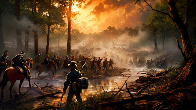 Soldiers moving forward during the American Civil War 1860s - Generative AI