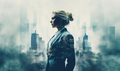 Silhouette of a female businesswoman double exposure against an urban city background