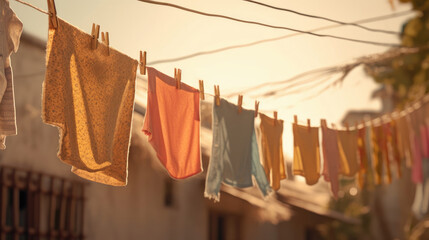 A clothesline with freshly washed clothes outdoors in the morning