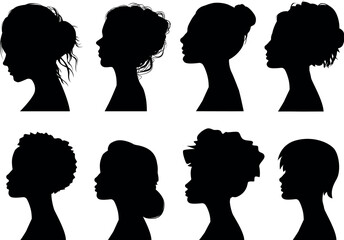 set of silhouettes of beautiful women. Stylish hairstyle. Portrait profile. Universal isolated avatar
