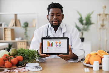 Confident african american male in doctor's coat showing tablet with diet plan on screen while working at hospital. Positive dietitian planning nutrition program on client's personal preferences.