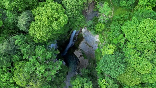 Panoramic aerial view of Chute de la Druise Waterfall. This is a large waterfall on the river Gervanne, located in Dr&ocirc;me, in the Auvergne-Rh&ocirc;ne-Alpes region
