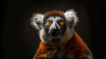 Portrait of a Madagascar primate close-up on a black background. Cute lemur. Generative AI.