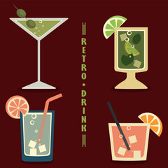 Set of drinks in flat retro style with text. Mojito, soda, martini poster. Vector nostalgia