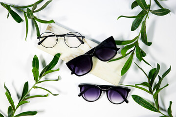 BranBranch with fresh green Ruscus leaves with Round Glasses Women and sunglasses above marble...