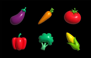 Inflatable Vegetables. Inflated 3D element with the plasticine effect. Set icon eggplant, carrot, tomato, pepper, broccoli, corn. Vector illustration