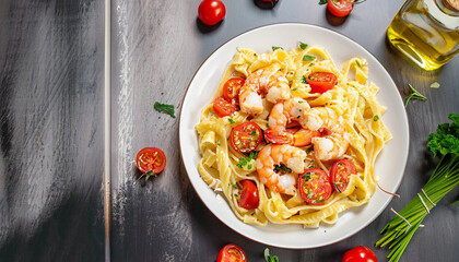 Fettuccine pasta with shrimp, tomatoes and herbs. Top view