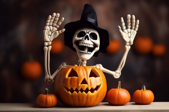 Kids Halloween background. Skeleton saluting, pumpkins, blurred background. High quality photo